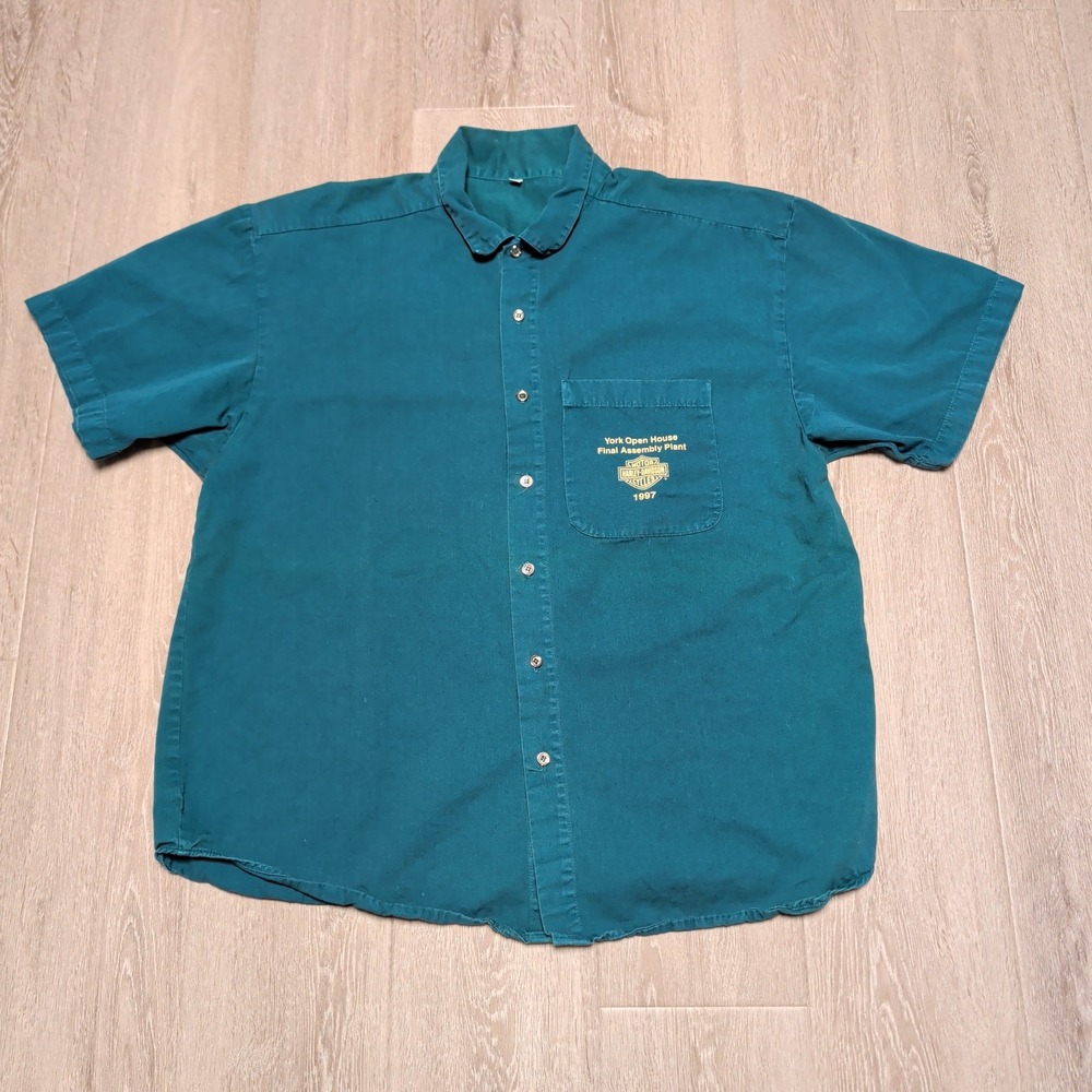 Rare Vintage 1997 Harley-Davidson York Assembly Plant Teal Work Shirt‎ Mens XXL